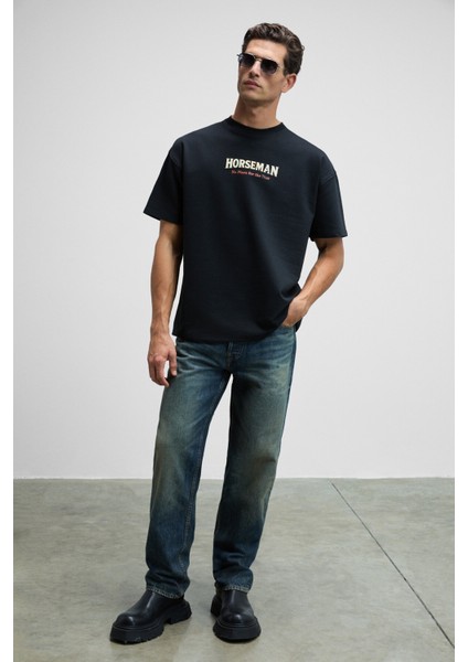 HORSEMAN Erkek Önü Ve Sırtı Baskılı Oversize Fit Bisiklet Yaka Siyah T-Shirt indirimleri