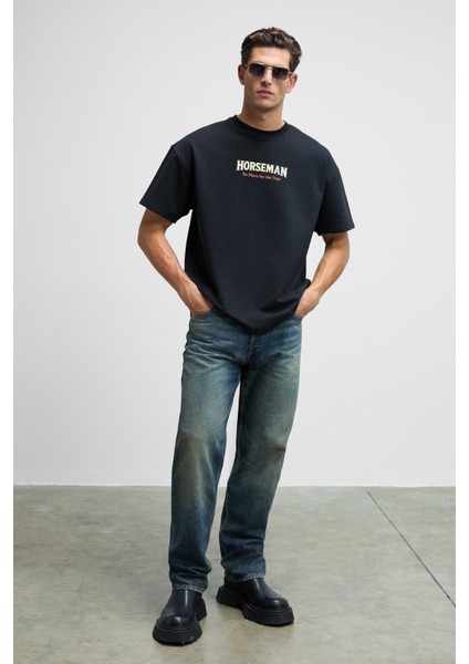 HORSEMAN Erkek Önü Ve Sırtı Baskılı Oversize Fit Bisiklet Yaka Siyah T-Shirt