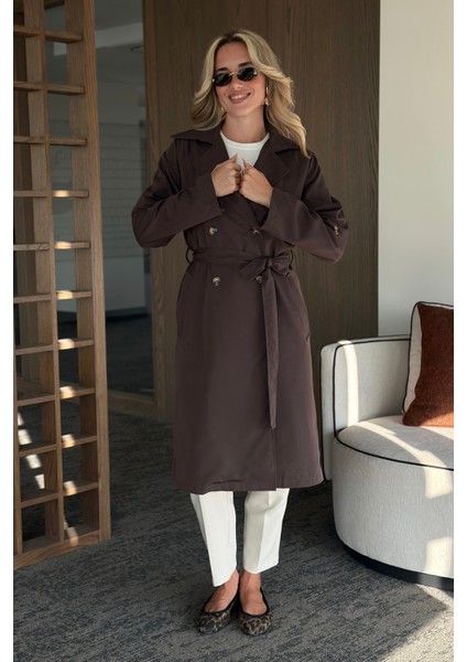 Kahverengi Uzun Dökümlü Trençkot - 7310