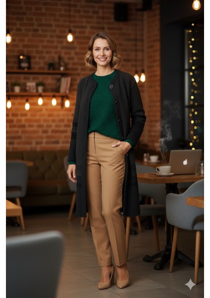 Kadın Kışlık Kalın Örme Anne Uzun Hırka Boydan Düğmeli Çift Cepli Rahat Kesim Tam Kalıp Likralı Yuvarlak Yakalı modelleri