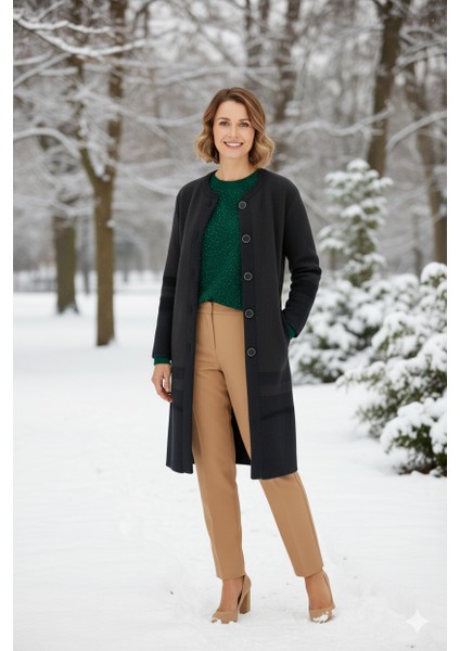 Kadın Kışlık Kalın Örme Anne Uzun Hırka Boydan Düğmeli Çift Cepli Rahat Kesim Tam Kalıp Likralı Yuvarlak Yakalı fırsatları