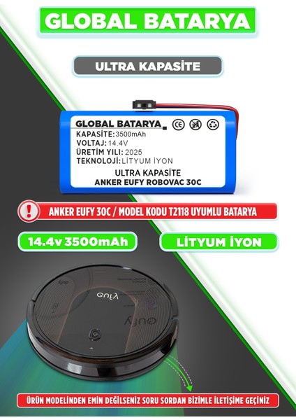 Anker Eufy Robovac 30C Uyumlu Akıllı Robot Süpürge Bataryası 14.4V 3500MAH Pil Li-Ion (Ultra Kapasite)