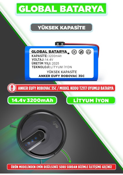 Anker Eufy Robovac 35C Uyumlu Robot Süpürge Bataryası 14.4v 3200mAh Li-ion Pil (Yüksek Kapasite)