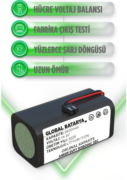 Anker Eufy Robovac 35C Uyumlu Akıllı Robot Süpürge Bataryası 14.4V 2600MAH Pil (Orijinal Kapasite) modelleri