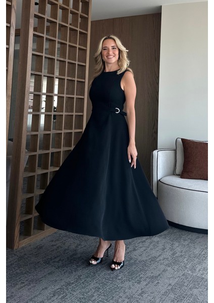 Siyah Bel Kemer Detaylı Elbise - 2313 indirimleri