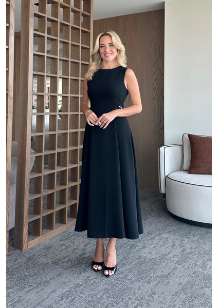Siyah Bel Kemer Detaylı Elbise - 2313