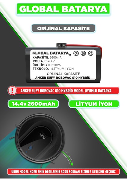 Anker Eufy Robovac G10 Uyumlu Akıllı Robot Süpürge Bataryası 14.4v 2600mAh Pil Li-ion (Orijinal Kapasite)