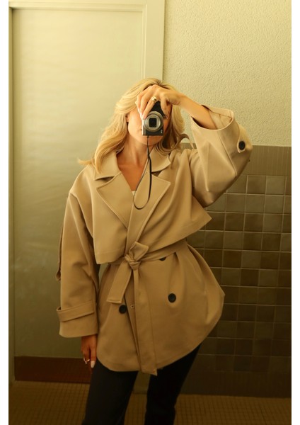Camel Oversize Düşük Omuz Kısa Trenç - 9580