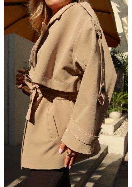 Camel Oversize Düşük Omuz Kısa Trenç - 9580