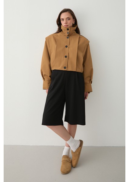 Camel Yüksek Yaka Düğmeli Trençkot