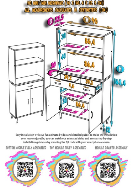 Vio Fırın Dolabı (90X163,4X32.5 Cm) Çekmeceli Kapaklı Mini/midi Mikrodalga Mutfak Dolabı