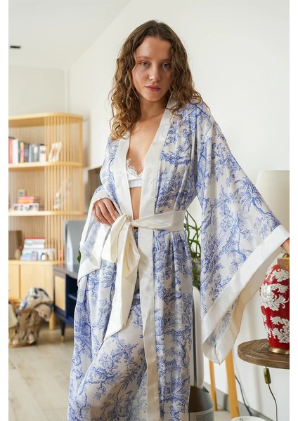 Mavi Desenli Saten Yarasa Kol Kimono-Pantolon Takım