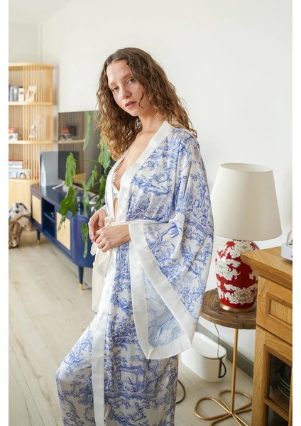Mavi Desenli Saten Yarasa Kol Kimono-Pantolon Takım fiyatları