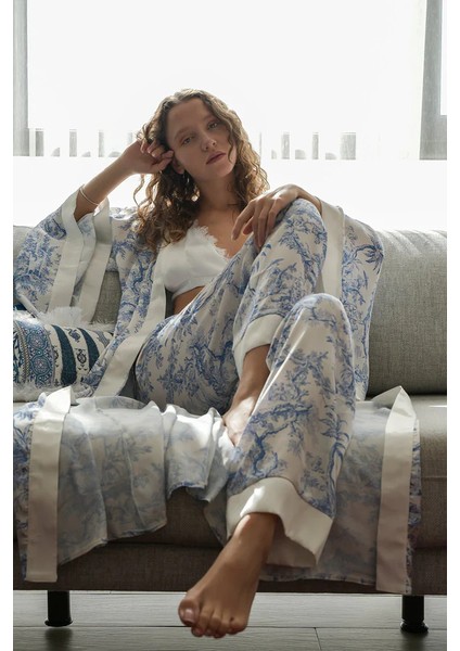 Mavi Desenli Saten Yarasa Kol Kimono-Pantolon Takım modelleri