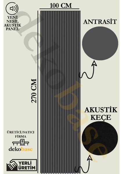 100x270 cm Antrasit Renk Akustik Ahşap Duvar Paneli