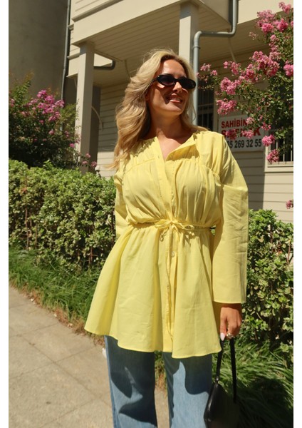 Sarı Bel Detaylı Vual Keten Gömlek