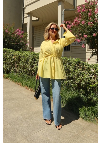Sarı Bel Detaylı Vual Keten Gömlek