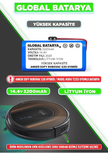 Anker Eufy Robovac G30 Hybrid Uyumlu Akıllı Robot Süpürge Bataryası 14.4V 3200mAh Li-ion Pil (Yüksek Kapasite)