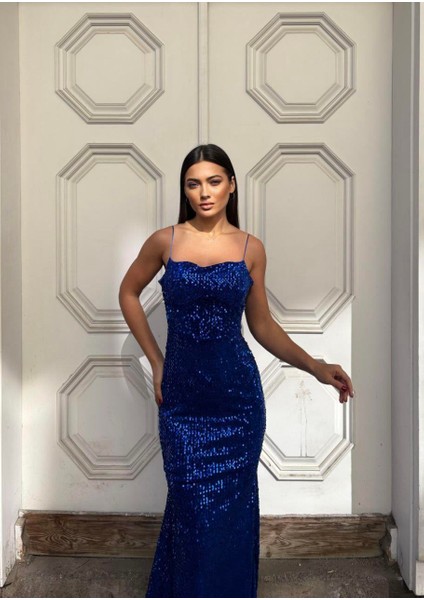 Trend Kadife Balık Elbise Saks 583220 modelleri