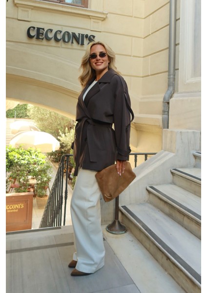 Kahverengi Oversize Düşük Omuz Kısa Trenç - 9580