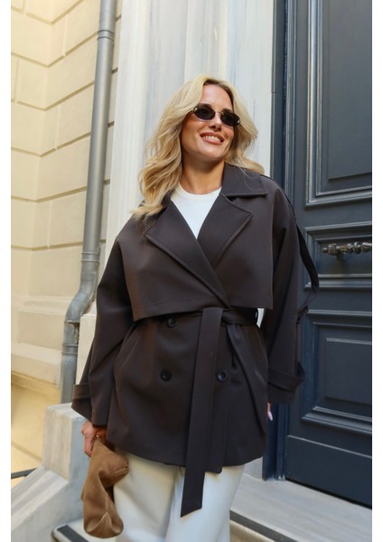 Kahverengi Oversize Düşük Omuz Kısa Trenç - 9580