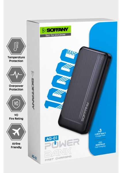 AG01-002 10.000 mAh P.Bank 2 Type-C + 1 USB Girişli Siyah fiyatları