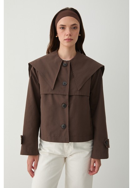 Kahverengi Sakura Geniş Yaka Kısa Trençkot - 7530