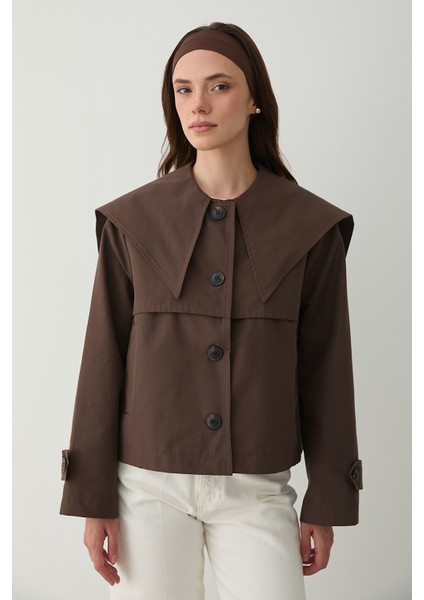 Kahverengi Sakura Geniş Yaka Kısa Trençkot - 7530