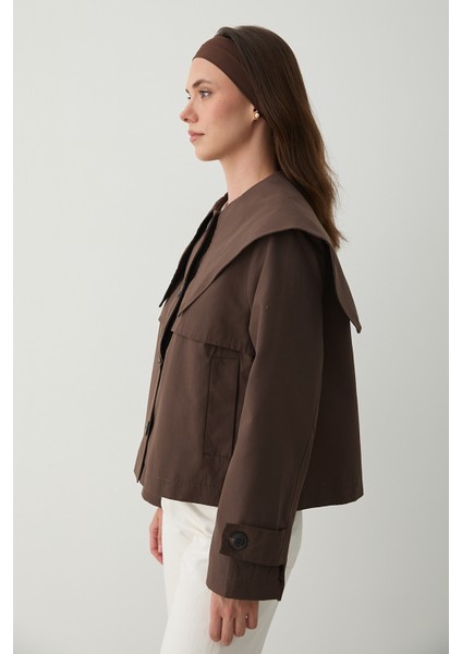 Kahverengi Sakura Geniş Yaka Kısa Trençkot - 7530