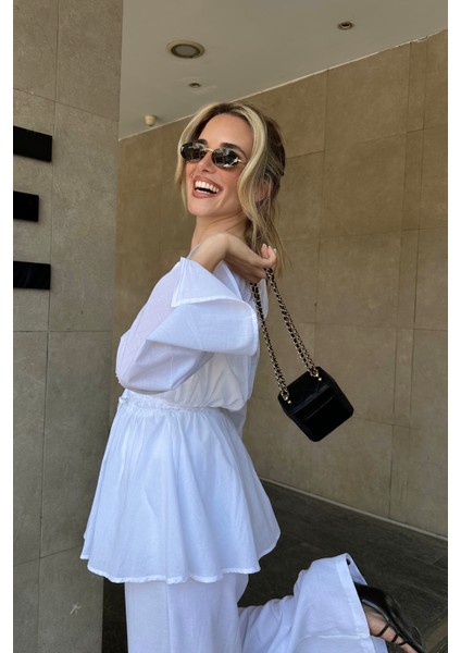 Beyaz Bel Detaylı Vual Keten Gömlek