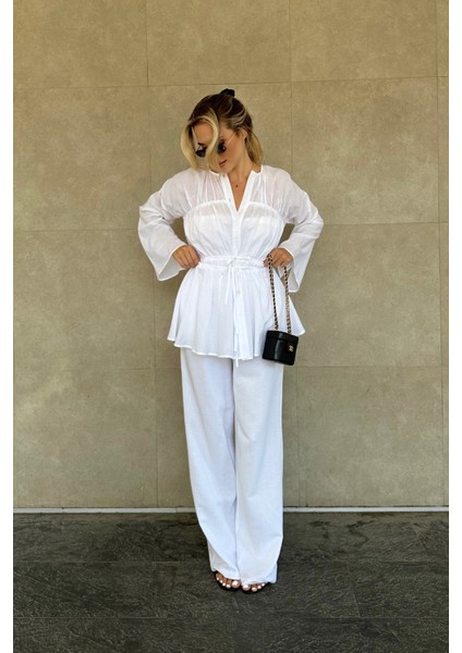 Beyaz Bel Detaylı Vual Keten Gömlek