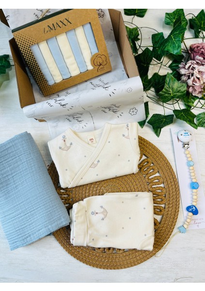 Çapa Desenli Mavi Müslin Battaniyeli Erkek Bebek Hediye Seti