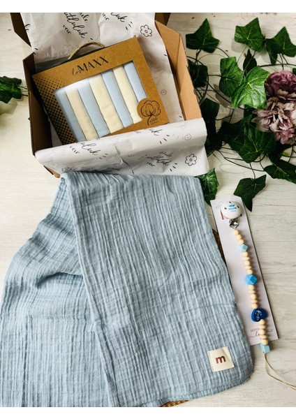 Çapa Desenli Mavi Müslin Battaniyeli Erkek Bebek Hediye Seti