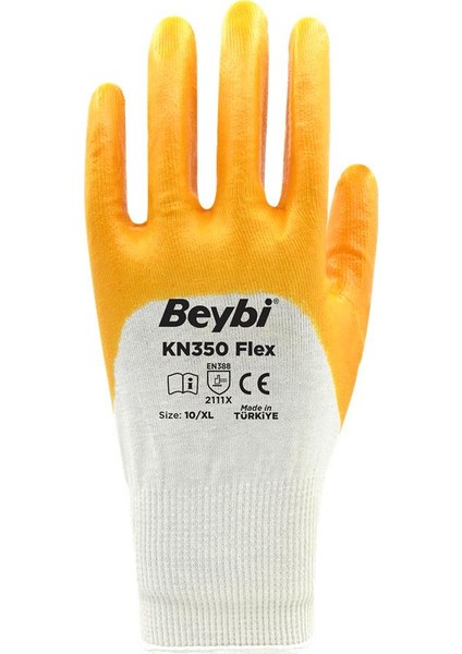 Beybi Pamuk Nitril Pmk KN350 Flex 9 Beden Eldiven 12LI Paket Beyaz Sarı EN388 (2111X)