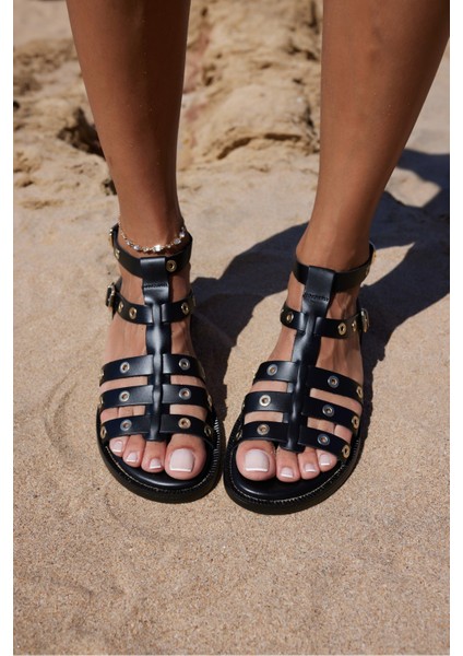 Potis Kadın Siyah Gercek Deri Ispanya Uretım Sandalet