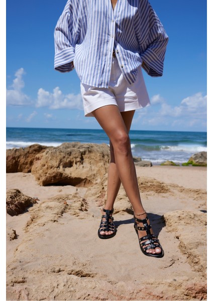 Potis Kadın Siyah Gercek Deri Ispanya Uretım Sandalet