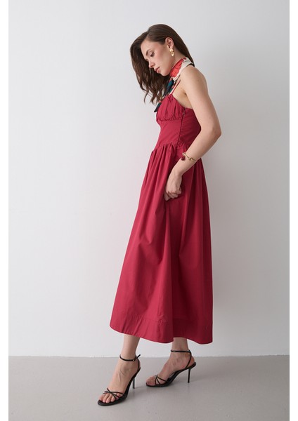 Kırmızı Bel Detaylı Poplin Elbise