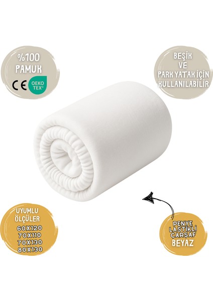 Yumuşak Penye Lastikli Bebek Çarşafı – %100 Pamuk, Esnek ve Tam Oturan | Beşik & Park Yatak Için | Beyaz