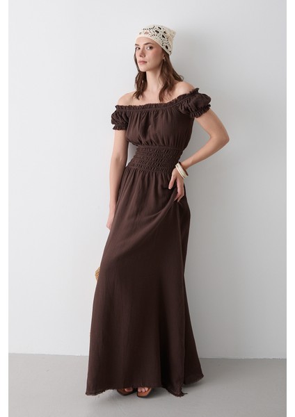 Kahverengi Büzgülü Elbise