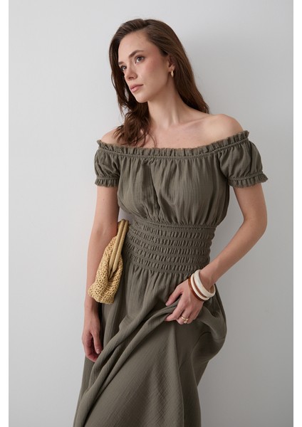 Olive Büzgülü Elbise