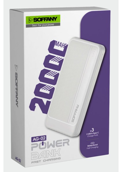 AG02-001 20.000 mAh P.Bank 2 Type-C + 1 USB Çıkışlı Beyaz modelleri