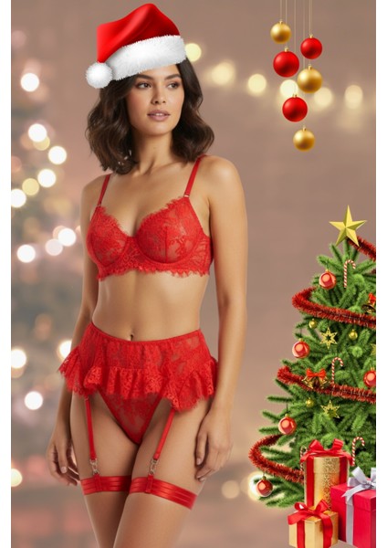 (3 Parça) Yılbaşına Özel Dantelli Transparan Tül Detaylı Kırmızı Kadın Jartiyer Set