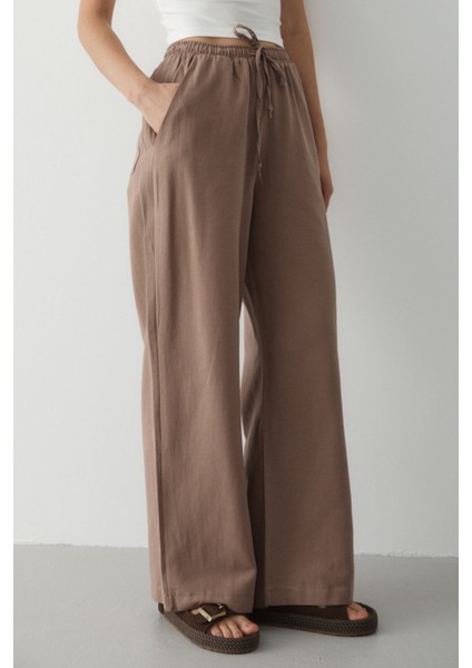 Sütlü Kahve Beli Lastikli Bol Paça Pantolon - 2813