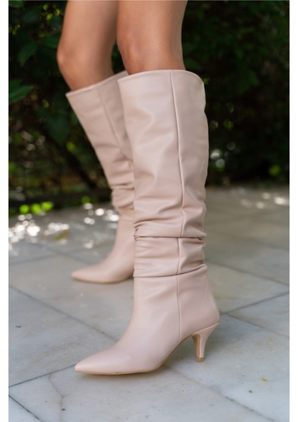 Bukiy Kadın Bej Vegan Deri Plise Çizme indirimleri