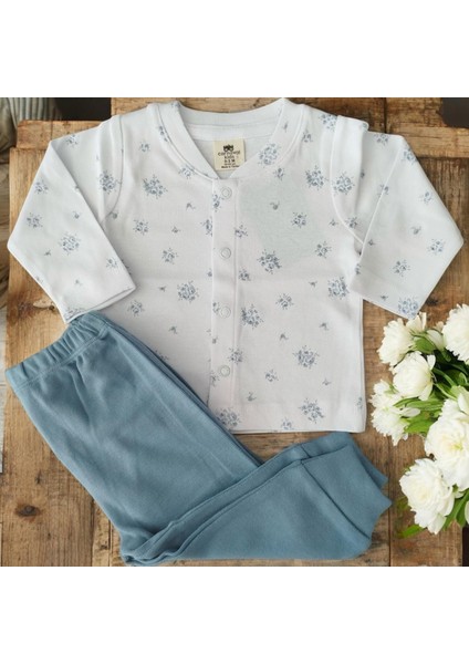 Çiçekli Çıtçıtlı Bebe Penye Ikili Takım Indigo