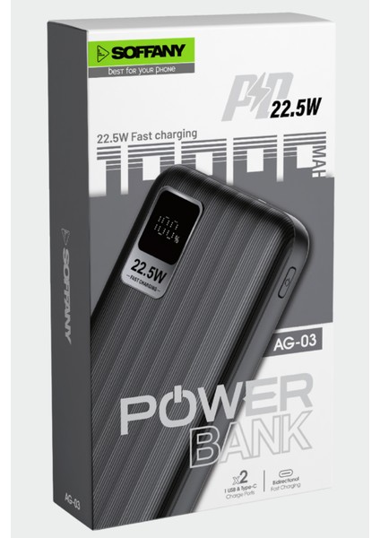 AG03-002 10.000 mAh P.Bank 22.5W 2 Type-C + 1 USB Çıkışlı Siyah fırsatları