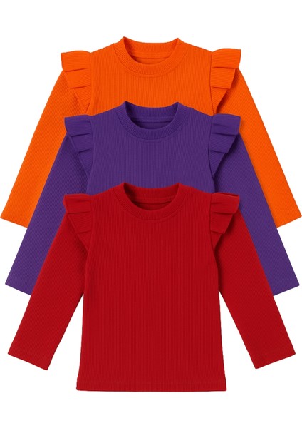 Kız Çocuk Kız Bebek 3lü Uzun Kollu Ribana Badi Seti 3 Lü Badi Seti Fırfır Detaylı %100 Pamuk