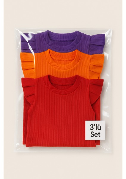 Kız Çocuk Kız Bebek 3lü Uzun Kollu Ribana Badi Seti 3 Lü Badi Seti Fırfır Detaylı %100 Pamuk