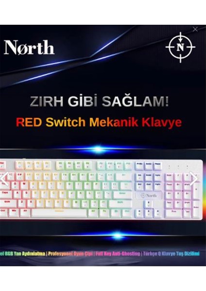 North Shield White Red Switch Türkçe Q Rgb Beyaz Mekanik Gaming Klavye fiyatları