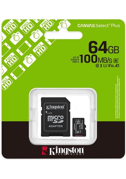 Kingston SDCS3-64GB 64GB Microsdxc Canvas Select Plus Gen3 100MB-S A1 Card + Adapter Hafıza Kartı